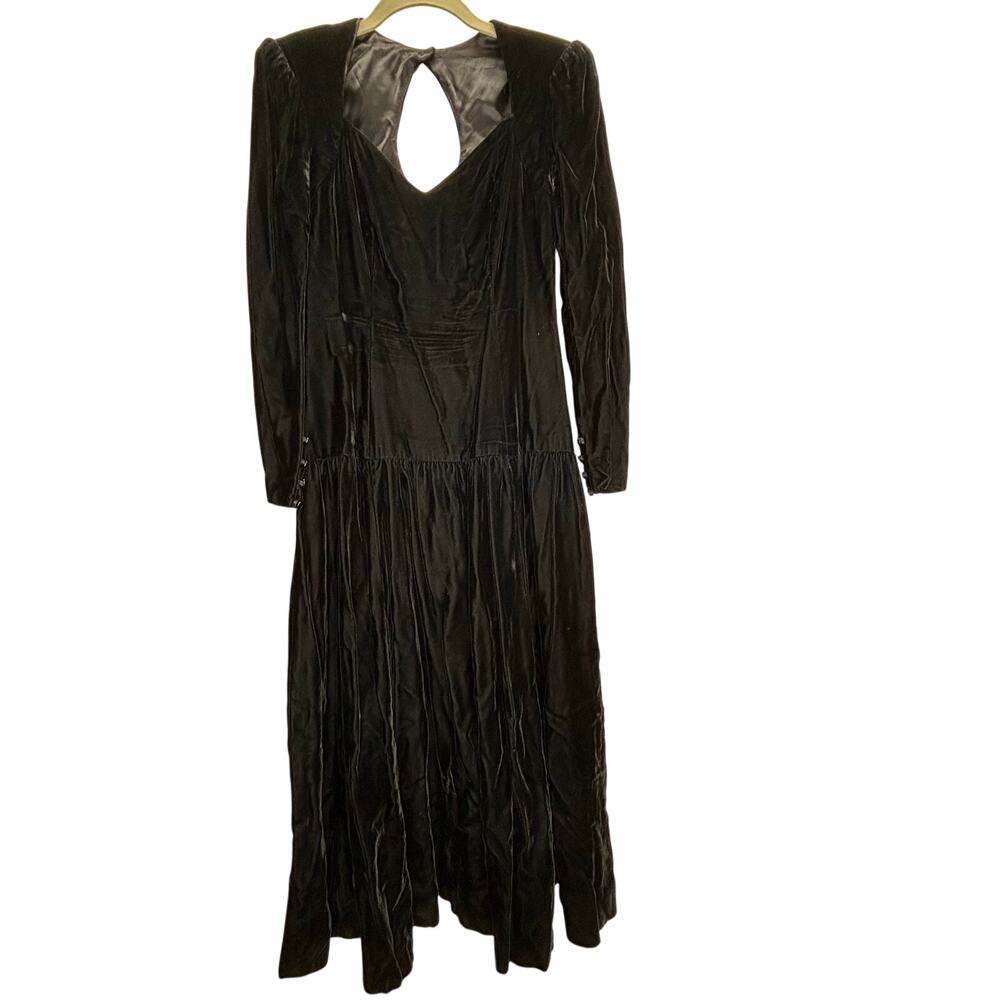 Gunne Sax vintage black velvet midi dress gothic Victorian small long sleeve